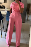 Pantalones informales de color liso con cremallera, rectos, cintura alta, pierna ancha, color liso, color rosa