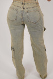 Champagne Street Vintage Solid Make Old Patchwork Pocket Buttons Zipper Mid Waist Straight Cargo Denim Jeans