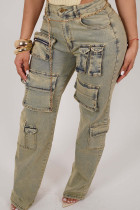 Champagne Street Vintage Solid Make Old Patchwork Taschenknöpfe Reißverschluss Mid Waist Straight Denim Jeans