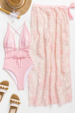 Pink Sportswear Solid Lace Patchwork See-through Backless Swimwears(With Paddings)