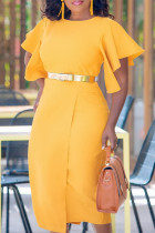 黄色のエレガントな固体パッチワーク フラウンス ベルト O ネック ラップ スカート ドレス