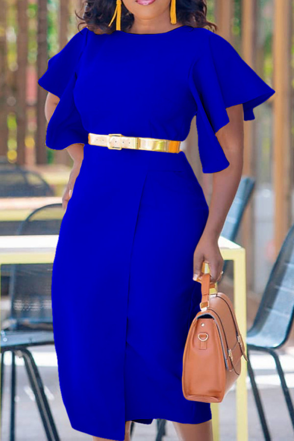 Vestidos de falda envueltos con cuello en O y volantes de patchwork liso elegantes en azul real
