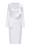 White Elegant Solid Patchwork See-through Flounce Beading Mesh Zipper O Neck Wrapped Skirt Dresses
