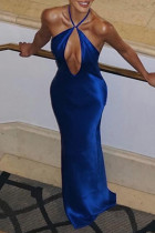 ブルーのエレガントなソリッド包帯パッチワークバックレスホルターロングドレス