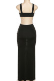 黒のセクシーなソリッドくり抜きパッチワーク スリット V ネック ロング ドレス