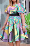 Mandarijnrode elegante print patchwork O-hals A-lijn jurken
