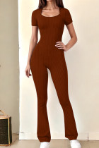 Brown Casual Solid Patchwork Square Collar Skinny Jumpsuits