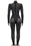 Zwarte sexy hete boren patchwork doorzichtige mesh O-hals skinny jumpsuits