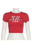 Rote, lässig bedruckte Patchwork-T-Shirts mit umgefaltetem O-Ausschnitt