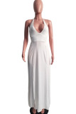 White Work Solid Bandage Hollowed Out Patchwork Backless High Opening Halter Long Dresses
