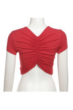Camisetas vermelhas casuais com estampa patchwork dobrável e gola O