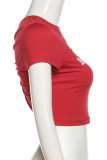 Camisetas con cuello en O con pliegues y patchwork con estampado casual rojo