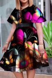 Robes trapèze à motif décoratif, imprimé élégant, patchwork, col rond