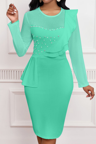 Verde elegante sólido retalhos transparente babado beading malha zíper o pescoço vestidos de saia enrolada
