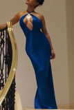 Blauwe elegante effen bandage patchwork rugloze halter lange jurken