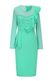 Green Elegant Solid Patchwork See-through Flounce Beading Mesh Zipper O Neck Wrapped Skirt Dresses