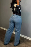 Zwarte straatprint patchwork zakknopen rits hoge taille losse denim jeans