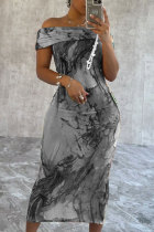 Grey Casual Street Daily Elegant Vacation Mixed Printing Printing Contrast Off the Shoulder Dresses