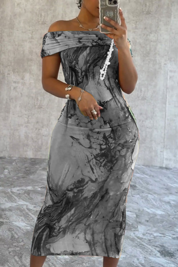 Grijs Casual Street Dagelijks Elegant Vakantie Gemengd printen Contrast off-shoulder jurken