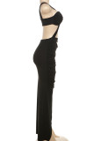 黒のセクシーなソリッドくり抜きパッチワーク スリット V ネック ロング ドレス