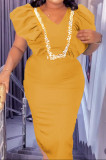 ミントグリーンのエレガントなパッチワークフラウンススリットフォールドVネックラップスカートドレス