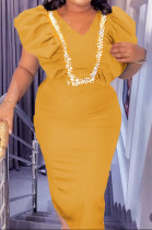 Ginger Elegant Patchwork Volang Slit Vik V-hals omslagna kjolklänningar