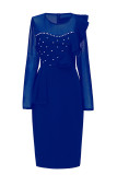 Color Blue Elegant Solid Patchwork See-through Flounce Beading Mesh Zipper O Neck Wrapped Skirt Dresses