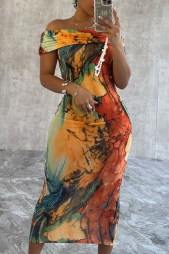 Multicolor Casual Street Daily Elegante Férias Impressão Mista Impressão Contraste Vestidos de Ombro