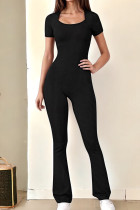 Svarta Casual Solid Patchwork Skinny Jumpsuits med fyrkantig krage