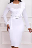 Farbe: Blau. Elegantes, solides Patchwork-Kleid mit durchsichtigem Volant, Perlenstickerei, Netzreißverschluss, O-Ausschnitt und Wickelrock