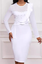 White Elegant Solid Patchwork See-through Flounce Beading Mesh Zipper O Neck Wrapped Skirt Dresses