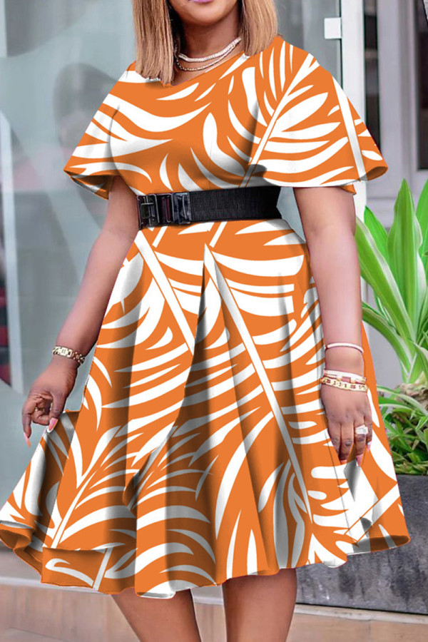 Mandarinenrotes, elegant bedrucktes Patchwork-Kleid in A-Linie mit O-Ausschnitt