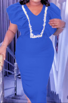 カラフルなブルーのエレガントなパッチワーク フラウンス スリット折り目 V ネック ラップ スカート ドレス