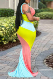 Veelkleurige sexy kleurblokken uitgeholde patchwork halter lange jurken