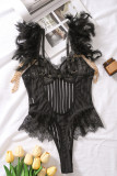 Черное сексуальное однотонное лоскутное белье с открытой спиной и перьями