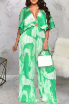 Green Sexy Print Hollowed Out Patchwork Fold V Neck Loose Jumpsuits