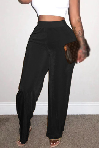 Pantalones de color sólido de pierna ancha de cintura alta sueltos de patchwork sólido casual negro
