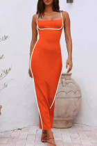 オレンジレッドセクシーカジュアルパッチワークバックレススリットコントラストスパゲッティストラップスリングドレス