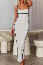 ホワイト セクシー カジュアル パッチワーク バックレス スリット コントラスト スパゲッティ ストラップ スリング ドレス