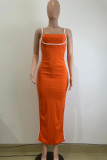 Orange-rotes sexy lässiges Patchwork-Kleid mit rückenfreiem Schlitz und Kontrast-Spaghettiträger