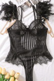 Black Sexy Solid Patchwork Feathers Backless Lingerie