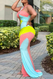 Multicolor Sexy Color Block Hollowed Out Patchwork Halter Long Dresses
