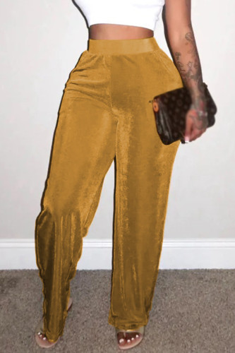 Pantalones de color sólido de pierna ancha de cintura alta sueltos de parches lisos casuales amarillo tierra