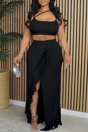 Black Sexy Casual Solid Backless Spaghetti Strap Sleeveless Two Pieces Cami Crop Tops And Thigh Split Skirts Sets