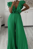 Groene casual elegante effen patchwork losse jumpsuits met plooi en V-hals