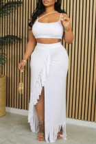 White Sexy Casual Solid Backless Spaghetti Strap Sleeveless Two Pieces Cami Crop Tops And Thigh Split Skirts Sets