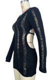 Черные сексуальные однотонные выдолбленные лоскутные платья с открытой спиной и круглым вырезом