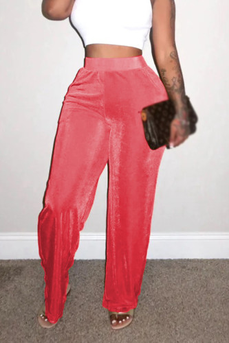 Sandía Rojo Casual Patchwork liso Suelto Cintura alta Pierna ancha Pantalones de color sólido