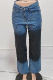 Schwarze Street-Print-Patchwork-Taschenknöpfe, Reißverschluss, hohe Taille, lockere Denim-Jeans