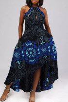 Diepblauwe elegante print uitgeholde patchwork zaksplit U-hals A-lijn jurken